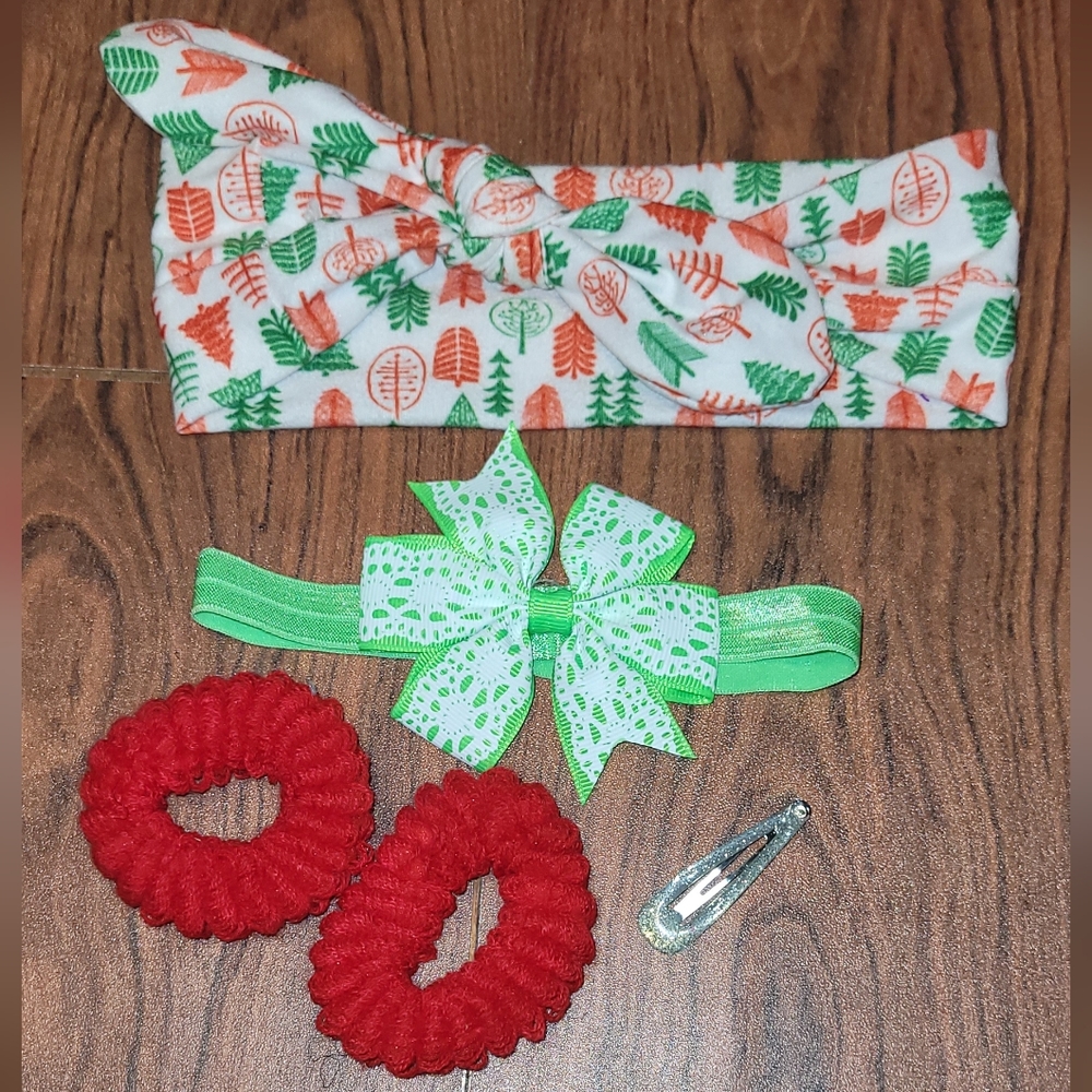 Red And Green Headband And Ponytail Holder 5pc kids hair accessory bundle